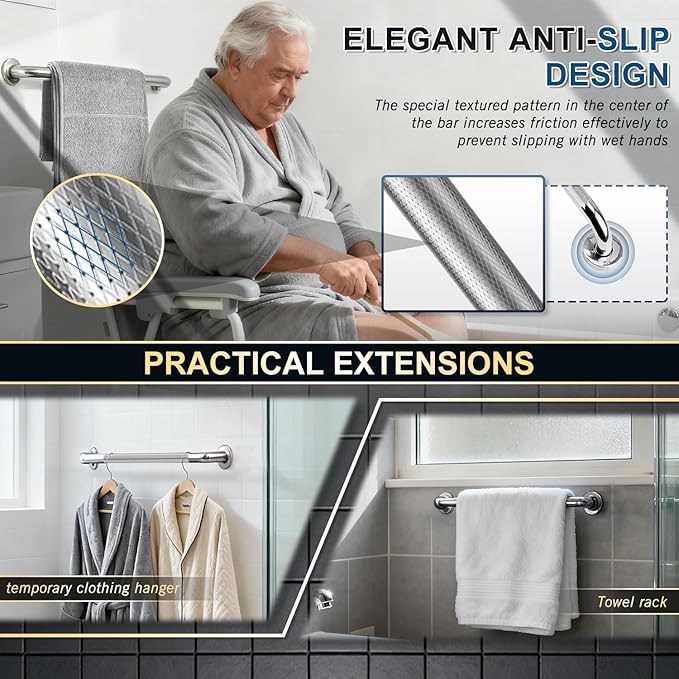 supregear Grab Bars for Bathtubs and Showers, Anti Slip Bathroom Grab Bars for Seniors, 304 Stainless Steel Safety Shower Handle, Toilet Handicap Elderly Assist Bathroom Wall Handle, 24 inch