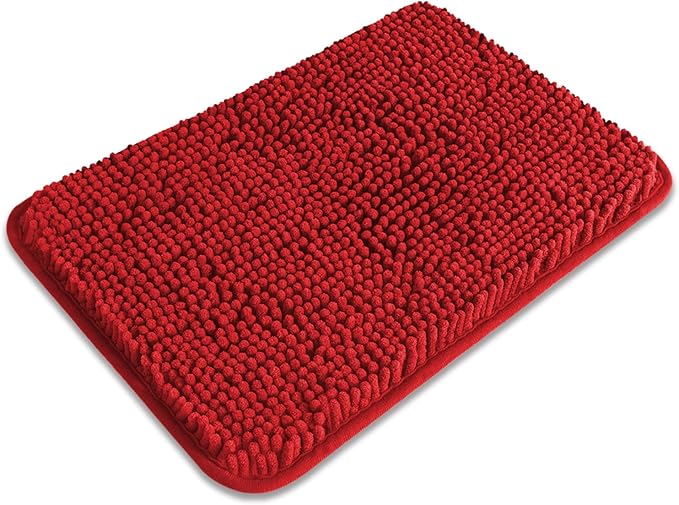 Small Bathroom Rug 12"x18" – Washable and Absorbent Bath Mat, Non Slip, Thick Soft Chenille Bath Rugs for Bathroom, Shower, Sink, Dog Mat(Red)