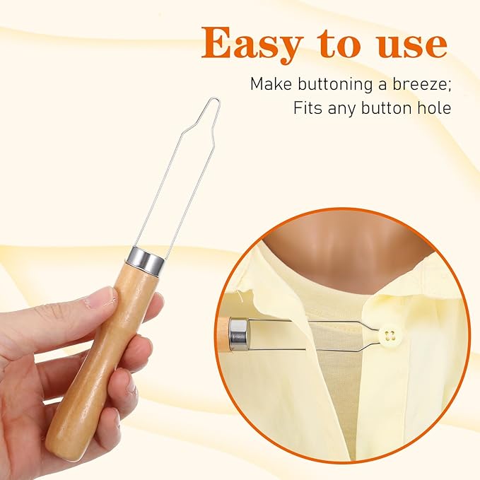 3 Pack Button Hook for Seniors, Button Assist Device with Comfort & Wide Easy-Grip Wooden Handle for Shirts, Coats, Dresses, Elderly Assistance Products for Arthritis & Limited Dexterity