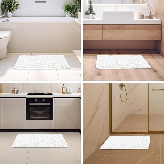 White Bathroom Rugs – Absorbent and Washable Bath Mat, Non-Slip, Thick Soft Chenille Bath Rugs for Bathroom Floor, Shower, Sink - 20" x 32"
