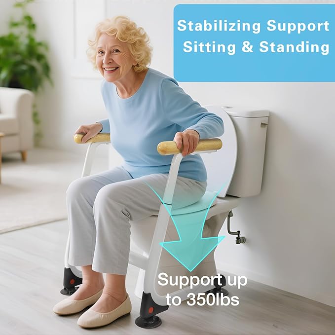 Toilet Safety Rails (350LBS), Adjustable Height Toilet Safety Frame for Elderly and Disabled, Stand Alone Toilet Safety Rails for Seniors, Handicap Toilet Rails Fits Most Toilets, Wood Color