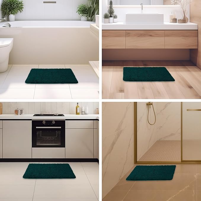 Dark Teal Bathroom Rugs – Absorbent and Washable Bath Mat, Non-Slip, Thick Soft Chenille Bath Rugs for Bathroom Floor, Shower, Sink - 17" x 24"