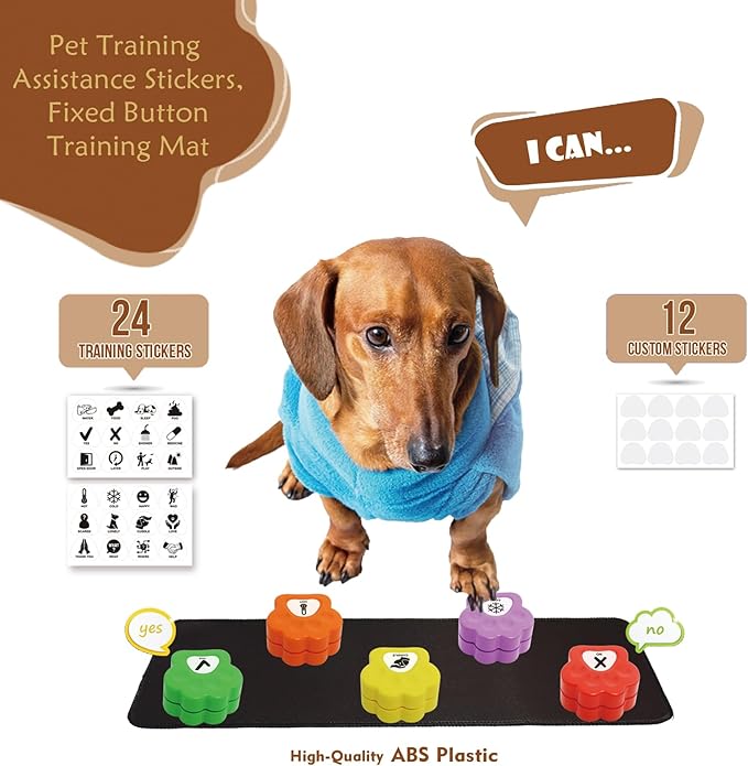 Dog Buttons for Communications with 36 Stickers & 19.6 inch Rubber Pad - Recordable Buttons for Pet Training (30s Voice), Customizable Stickers for Eat/Play/Help/Scared, Pet Communication Set