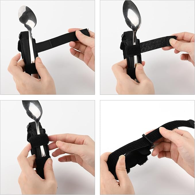 Beautyflier Spoon Fork Universal Cuff Utensil Adjustable Holder Strap for Holding Cutlery, Pens, Toothbrushes for Elderly or Individuals with Weak Grip (Black)