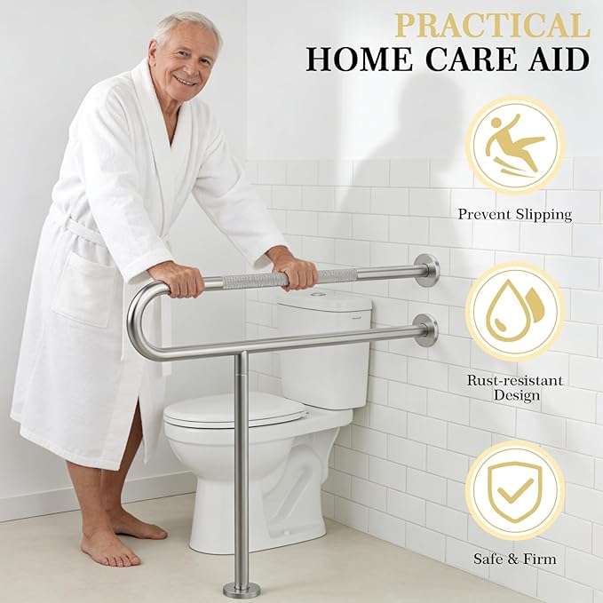 Toilet Grab Bar Support Rail 23.6 Inch, Anti-Slip Knurled Brushed Nickel Safety Bar, Handicap Bathroom Handrails for Elderly Disabled Pregnant, 304 Stainless Steel Wall to Floor