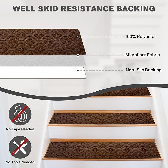 Rubber Non Slip Stair Treads for Wooden Steps Indoor, Reusable Stair Rugs for Elders Kids and Dogs, Machine Washable 8" X 30" (15-Pack)-Petal Brown