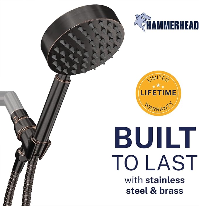 HammerHead Showers® Solid Metal Handheld Shower Head with Hose and Brass Holder - OIL RUBBED BRONZE - 2.5 GPM High Pressure Shower Heads with Adjustable Shower Wand Bracket - 6ft Flexible Extension