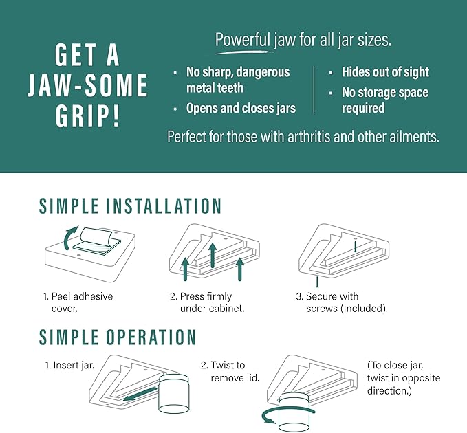 Jar Opener | Under Cabinet Jar Opener & Jar Closer for Weak Hands, Seniors, Arthritis, & One-Handed Use | Effortless Grip Jar, Bottle & Lid Opener | Kitchen Gadget Gift | Made in USA