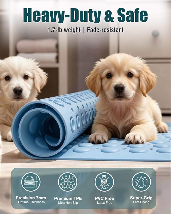 7mm Extra Thick TPE Bath Mat, Non-Slip Shower Mat for Bathroom and Tub, 28x16 Inch with Drainage Holes and Stability Grip, Machine Washable, Seashell Blue