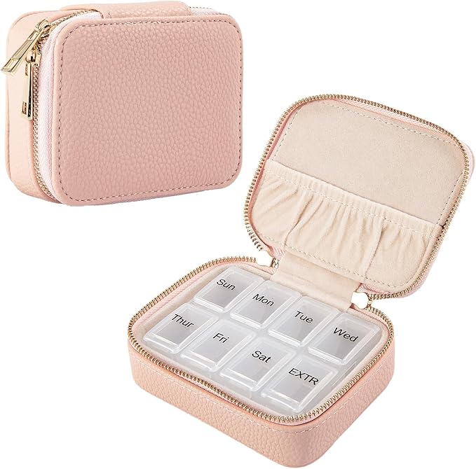 Weekly Pill Organizers Travel, Portable Pill Case with Removable Pill Sorter, Travel Pill Organizer 7 Day,Leather Vitamin Box, Pill Organizer Once a Day, Daily Pill Box Travel Case. (Pink)