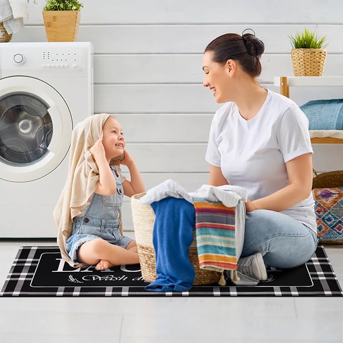 XLHOMO Laundry Room Rug Runner, 17"x47" Buffalo Plaid Non Slip Black Laundry Rugs, Farmhouse Washable Floor Laundry Mats for Laundry Room, Mudroom, Kitchen, Washroom, Bathroom, Entryway Rugs Decor