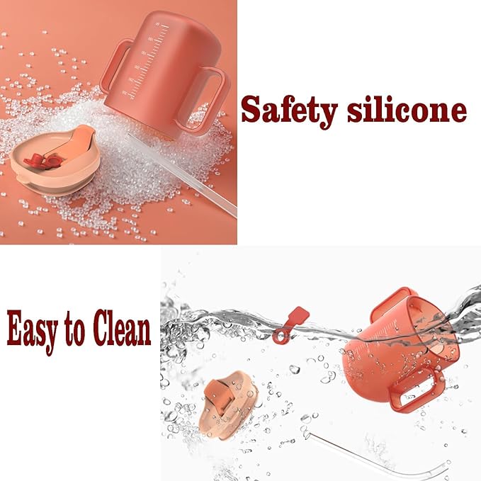 VOPHIA Senior Water Cup Sippy Cups for Elderly, Safe Silicone Spill Proof Cups with 2 Handles Straw and Lid for Adults for Hospital Patients, Elderly, Pregnant, and Disabled (Orange-1 Pack)