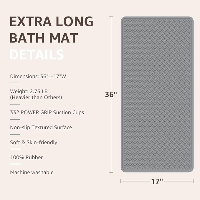 OTHWAY Bathtub Mat Non Slip, Extra Long Rubber Bath Mat for Tub, Machine Washable Shower Anti Slip Mat with 332 Strong Suction Cups (Grey, 36" x 17")