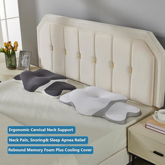 Cervical Neck Pillow for Sleeping | Ergonomic Pillow for Sleep Apnea, Neck Pain, and Snoring Relief | Contour Memory Foam with Ergonomic Support, White, Large