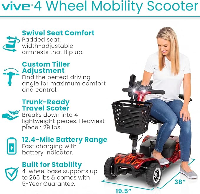 Vive 4 Wheel Mobility Scooter - Electric Powered Wheelchair Device - Compact Heavy Duty Mobile for Travel, Adults, Elderly (Red Fire)