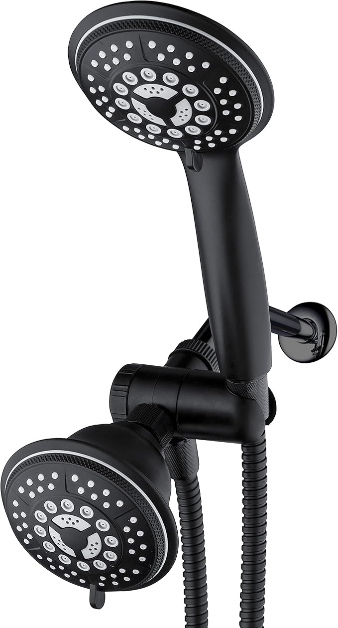1763 Handheld Showerhead & Rain Shower Combo. High Pressure 24 Function 4" Face Dual 2 in 1 Shower Head System with Stainless Steel Hose, Patented 3-way Water Diverter in Matte Black