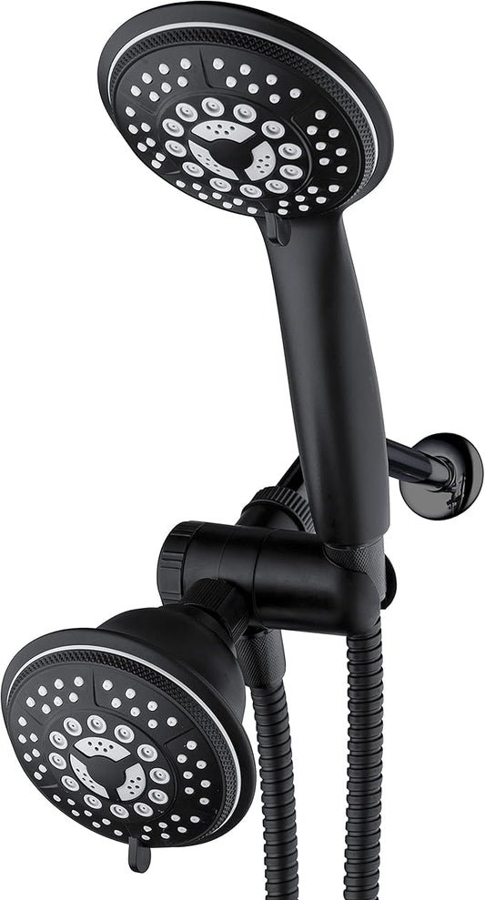 1763 Handheld Showerhead & Rain Shower Combo. High Pressure 24 Function 4" Face Dual 2 in 1 Shower Head System with Stainless Steel Hose, Patented 3-way Water Diverter in Matte Black