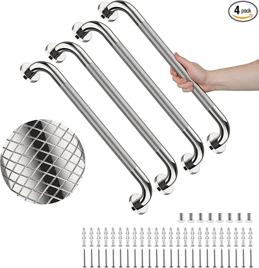 4 Pack 24 Inch Shower Grab Bar, YuanDe Chrome Bathroom Grab Bar Handle w/Anti-Slip Knurled Grip, Stainless Steel Bath Balance Bar,1.25" Diameter Safety Hand Rail Support,Handicap Injury Elderly Senior