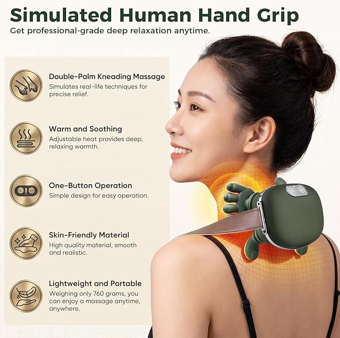 KppeX Upgraded Model Finger Deep Cordless Cordless Neck Massager Pillow, Leg and Back Pain Relief Tissue Kneading,Shiatsu and Shoulder Massage,Gifts for Men or Women (Olive Green)