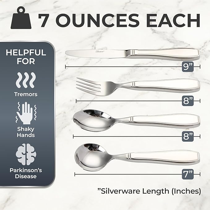 Weighted Utensils for Tremors and Parkinsons, Heavy Weight Stainless Steel Silverware Set, Adaptive Eating Flatware Helps Hand Tremors, Parkinsons Aids for Living, Arthritis - Knife, Fork, Spoons, 7oz