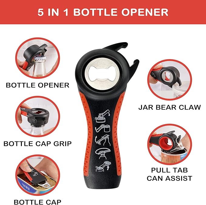 Jar Opener for Weak Hands, Seniors with Arthritis, 3 in 1 Multi Function Bottle Opener Lid Opener For Arthritic Hands with Non Slip Rubber Jar opener Gripper Pad (Red)