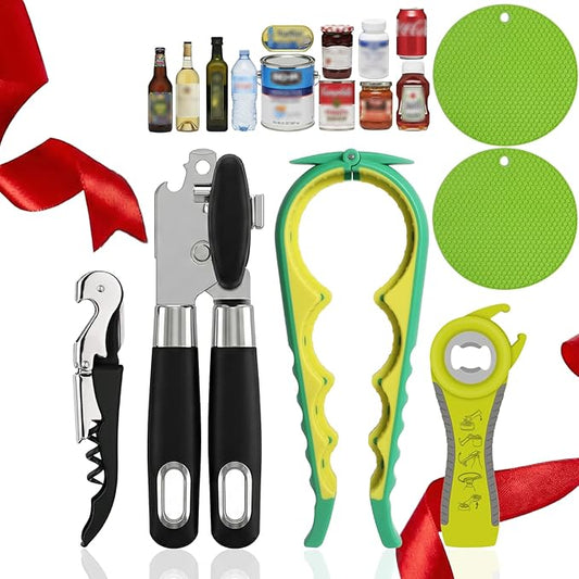 Can Opener and Jar Opener Set for Weak Hands - Heavy Duty Stainless Steel Manual Can Opener, 5-in-1 Bottle Opener, Corkscrew & Silicone Grippers - Kitchen Gadgets for Seniors & Arthritis