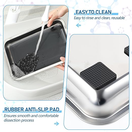 Conelist Dissection Pan with Wax Thicken and 4 Rubber Nonslip Mat Reusable Stainless Steel Thicken Dissection Pan for Lab Experiment Junior Senior (12.2 x 8.27 Inch,Black,12 Set)