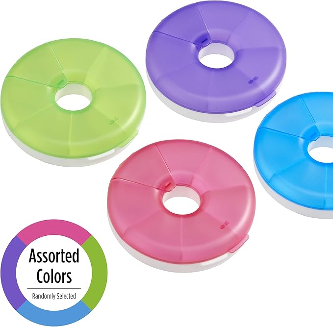 EZY DOSE Weekly (7-Day) Round Pill Case, Medicine Planner, Vitamin Organizer Box, Convenient and Easy to Use, Easy Fill All Compartments at Once, Travel Sized, Color May Vary, BPA Free
