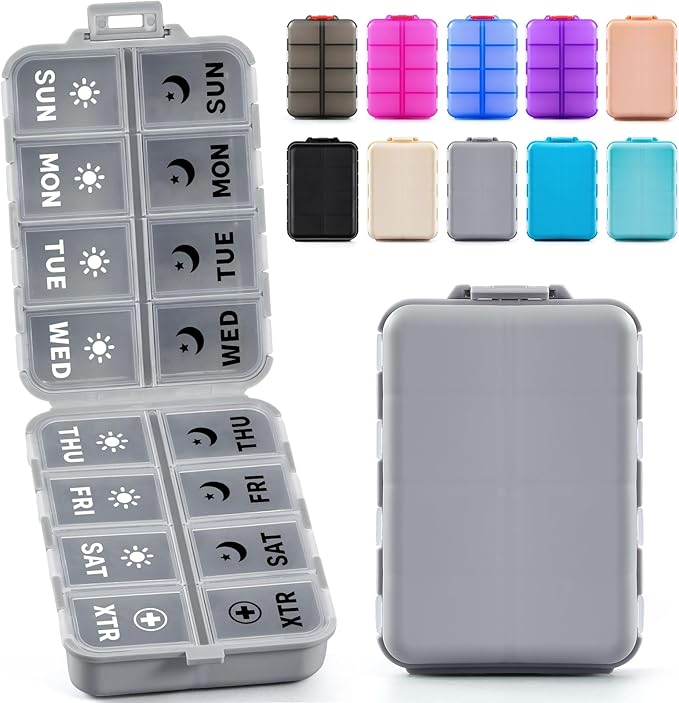 Foldable Weekly Pill Organizer 2 Times a Day with 2 Extra Compartments (Clear Printed Labels) - Portable 7 Day AM PM Medicine Box, Week Daily Travel Pill Case Holder for Vitamin, Supplement - Grey