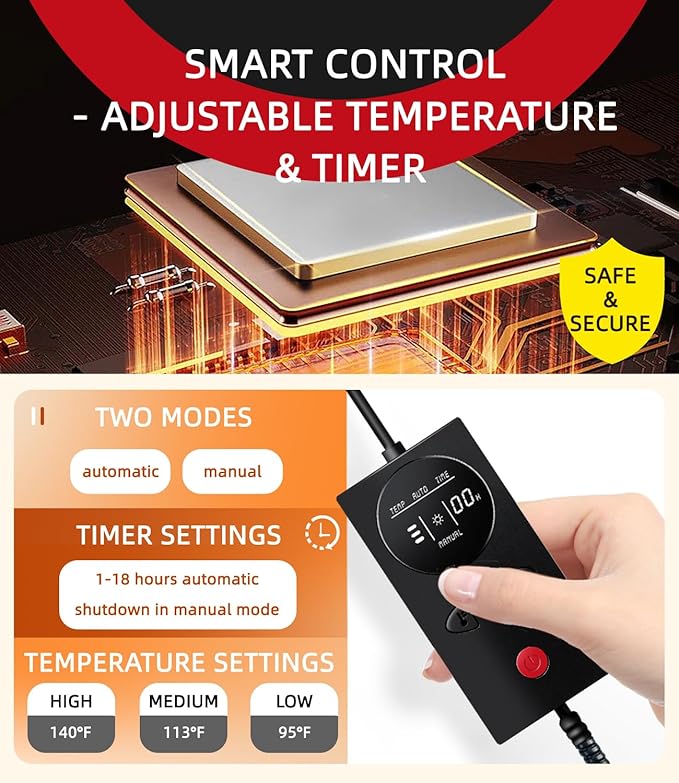 Pressure Activated Pet Heating Pad 18 x 22,Gravity Sensing,Automatic or Manual Mode,Heated Dog Bed with Timer,Adjustable Temperature,Chew Resistant Cord,Waterproof & Washable Heated Pet Bed Mat