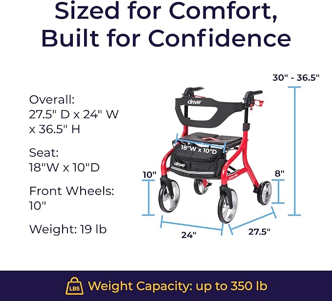 Drive Medical Nitro Sprint Foldable Rollator Walker with Seat - Lightweight Support - Large Wheels - Compact Folding Design - Adjustable Comfort - Standard Size - Red