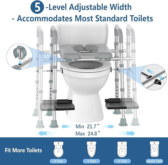 FSA&HSA Eligible Toilet Seat Risers with Footrests, Adjustable Height/Width Raised Toilet Seat with Handles, Fit Any Toilet Riser Heavy Duty Up to 500lbs, for Elderly, Handicap, Elevated, Pregnant