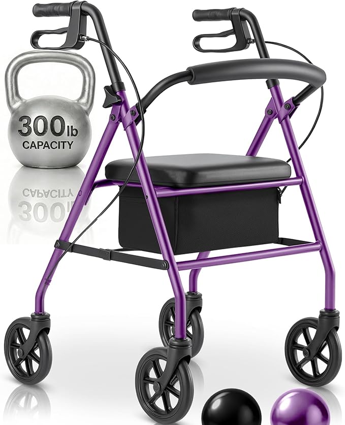 Vive Mobility Steel Rollator Walker with Seat - Foldable, Narrow, Rolling Senior Walker for Small Spaces - 4 Wheel Lightweight Adult Easy Drive with Underseat Storage, Adjustable Height (Purple)