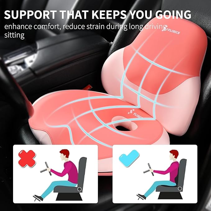 FLORICH Seat Cushion and Lumbar Support Pillow for Office Chair Car Neck Headrest Pillow Memory Foam Seat Pads Pressure Relief Back Cushion and Carseat Pads(Pink)