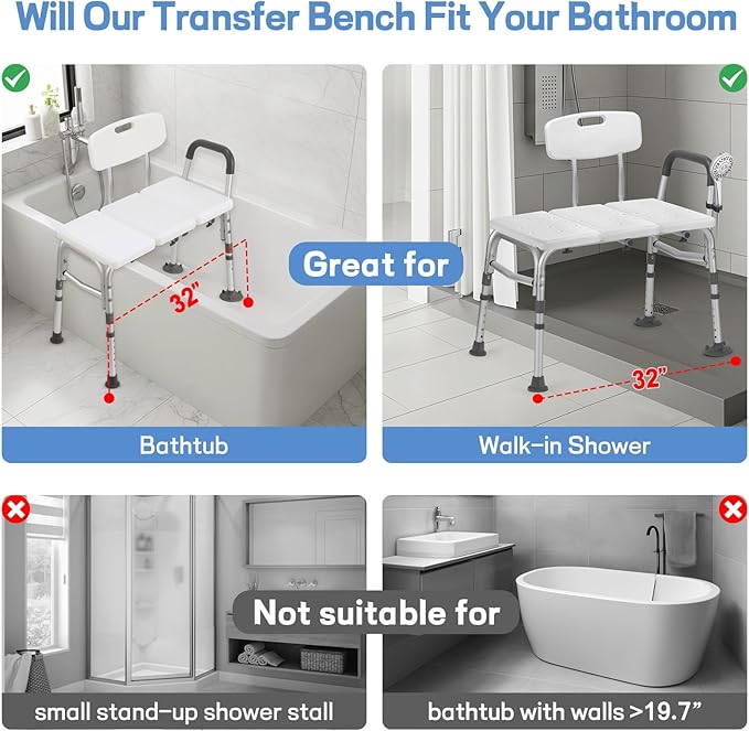 500lb Heavy Duty Shower Bench, Tool-Free Tub Transfer Bench with Arms & Back, Height Adjustable Handicap Shower Seat, Non-Slip Bath Safety Chair for Elderly & Surgery Recovery