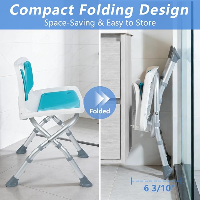 Folding Shower Chair for Inside Shower & tub with Foldable Back, Small Shower Seat for Seniors & Disabled, Portable Stools, Adjustable Height, Support 280 lbs
