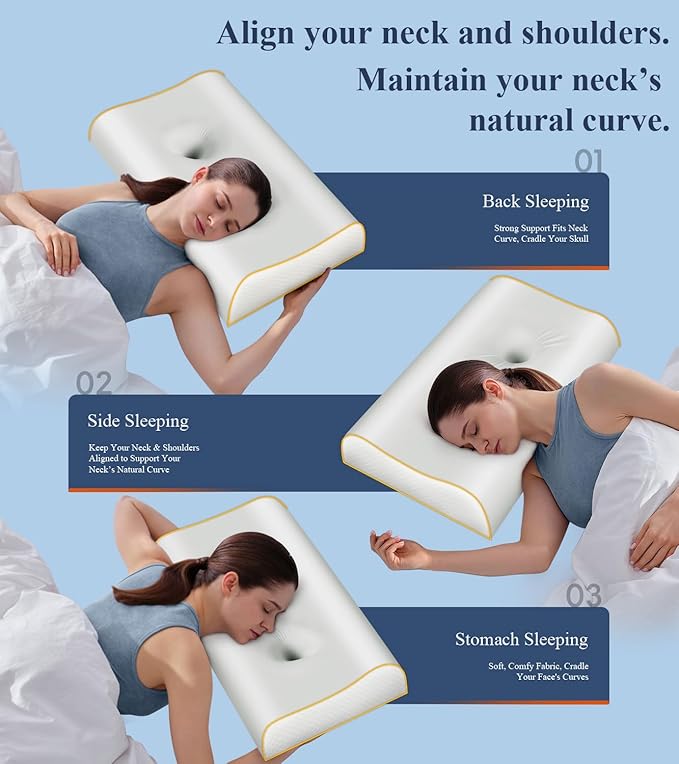 Memory Foam Contour Pillow for Neck Pain Relief/Neck Support, Cooling Cervical Neck Pillow for Side Sleeper/Sleeping, Ergonomic Sleep Apnea Orthopedic Anti Snore Therapeutic Pillows for Back Sleepers