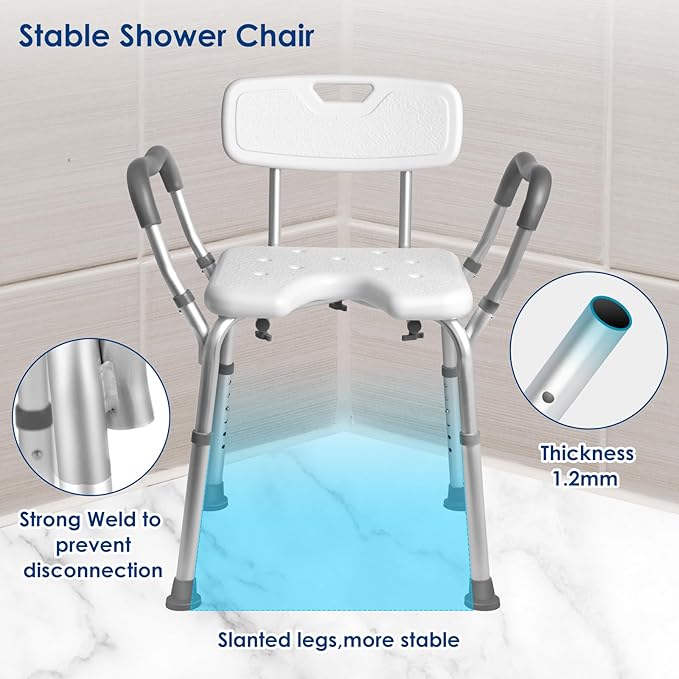 TooCust Extra Wide M-Shaped & Padded Armrests Shower Chair, 500lbs Capacity, Bariatric, Blue, Aluminum, Bath & Shower Safety Seating
