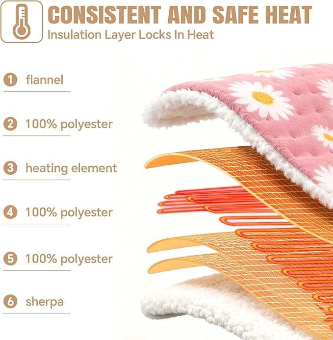 Daisy Heating Pad for Back Period Cramps Neck Shoulder Pain Relief, Portable Electric Heat Pads Pink Stuff Gifts Ideas, Funny Useful Self Care Christmas Birthday Gift for Women Mom Her Wife Girlfriend