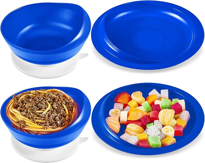 Hushee 2 Sets Adaptive Spill Proof Scoop Bowl and Plate Set with Suction Base Non Skid Self Feed Suction Dinnerware for Elderly Disabled Handicapped from Parkinsons Tremor (Blue)