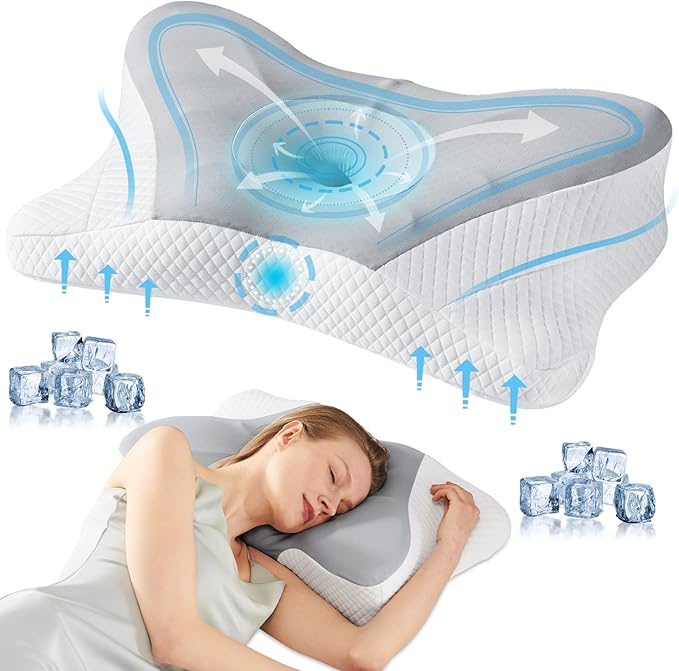 DUMOS Cervical Neck Pillow, Cooling Ergonomic Memory Foam Pillows for Neck Pain Relief with Breathable Pillowcase, Dual Height Orthopedic Support Contour Pillow for Side, Back, Stomach Sleepers, Grey