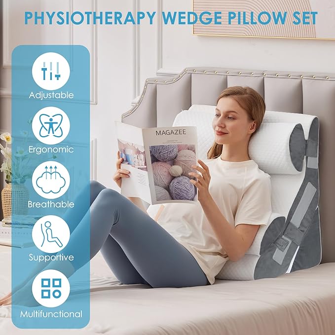 MEGCXIT 4PCS Bed Wedge Pillow for Headboard, Adjustable Wedge Pillow for Sleep Apnea, 23” Wide Triangle Pillow Wedge Set for After Surgery, Acid Reflux Relief, Snoring, Neck&Back Support, White/Grey