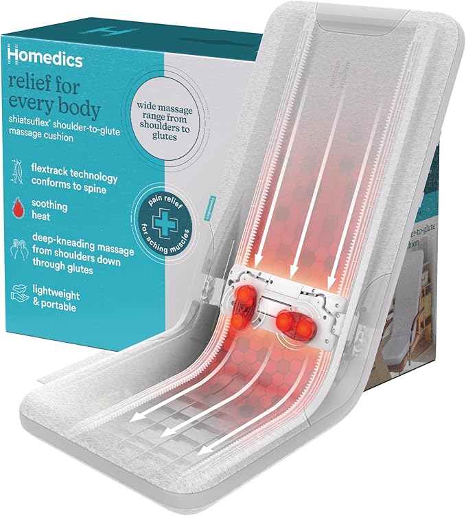 Homedics ShiatsuFlex Back Massage Cushion with Heat, Advanced Shiatsu Therapy, FlexTrack Technology, Deep-Kneading for Pain Relief in Back, Shoulders & Leg Muscles, Lightweight & Portable