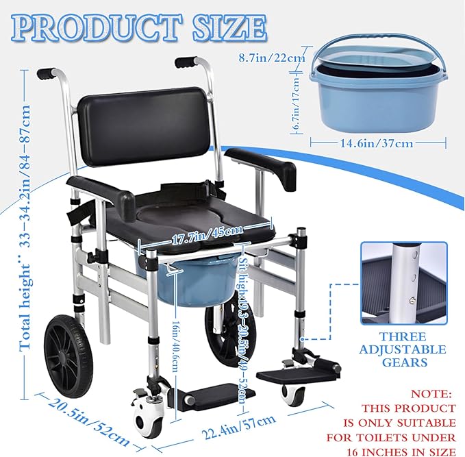 Shower Chair with Wheels Aluminum Alloy 4 in 1 Foldable Height Adjustable Shower Wheelchair, Sturdy Rolling Shower Chair with Large Commode for Seniors (Black)
