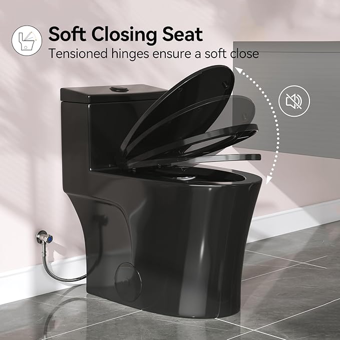 HOROW T0338WB Elongated One Piece Toilet Black, Compact Modern Toilet with Comfortable Seat Height, ADA Chair Height 17.3", Power Dual Flush 0.8/1.28 GPF, Matte Black, 12" Rough-in