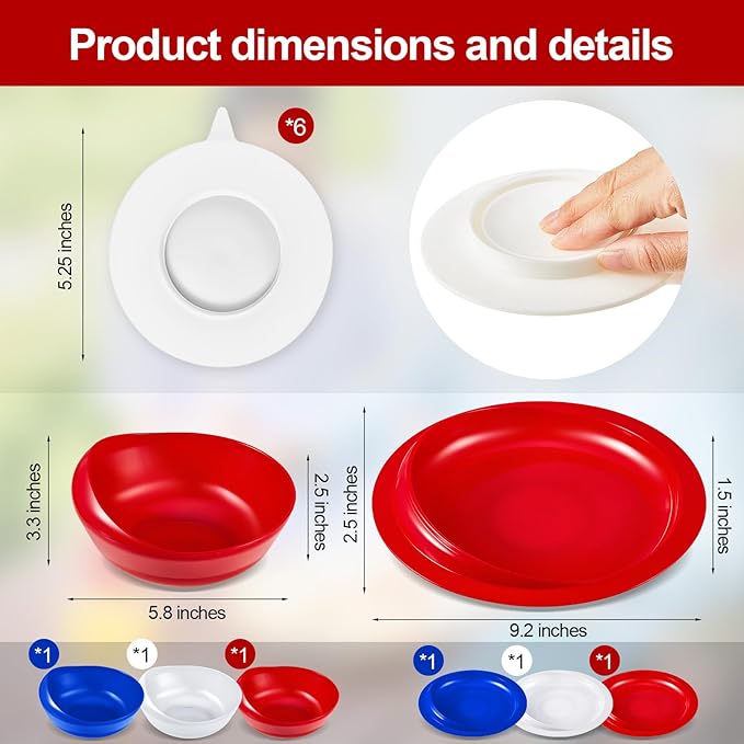 Hushee 3 Sets Adaptive Spill Proof Scoop Bowl and Plate Set with Suction Base Non Skid Self Feed Suction Dinnerware for Elderly Disabled Handicapped from Parkinsons Tremor (White,Blue,Red)