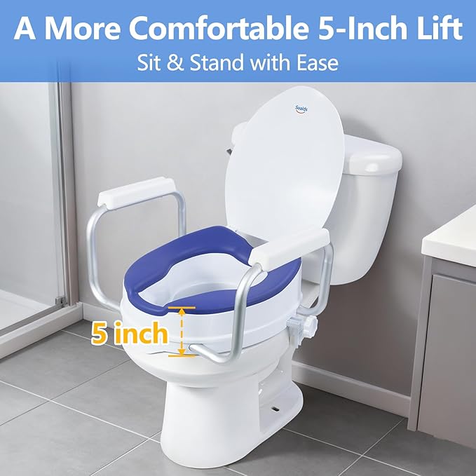 Travel Toilet Seat Risers for Seniors, Padded Elevated Toilet Seat with Handles for Round Toilets Only, Travel-Friendly, 5 Inch Height, Support to 300 LBS