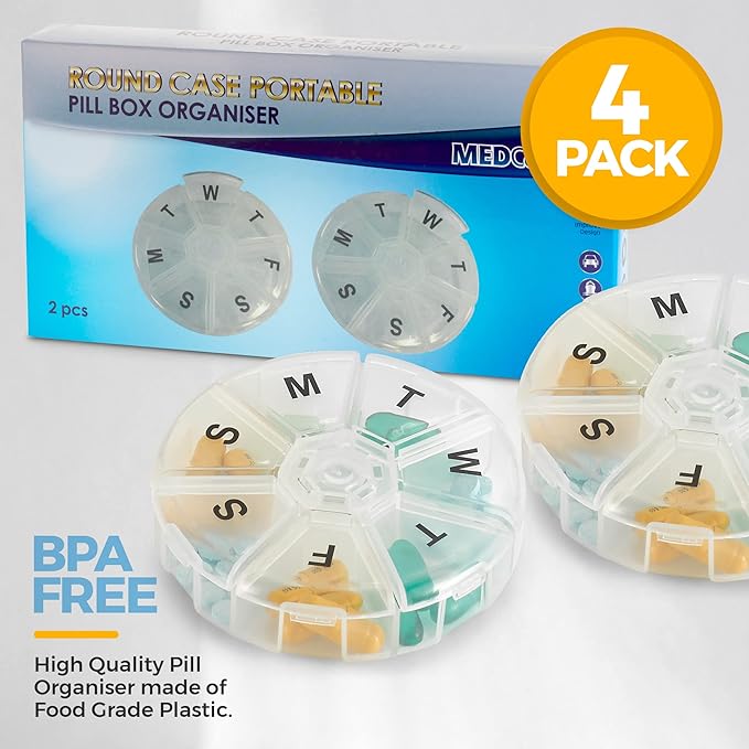 Large Weekly Pill Organizer - (Pack of 4) Daily Pill Cases, Round Pill Organizer 7 Day Container, Medicine Planner, Pill Reminder, BPA-Free for Pills Vitamins, Supplements, and Fish Oils