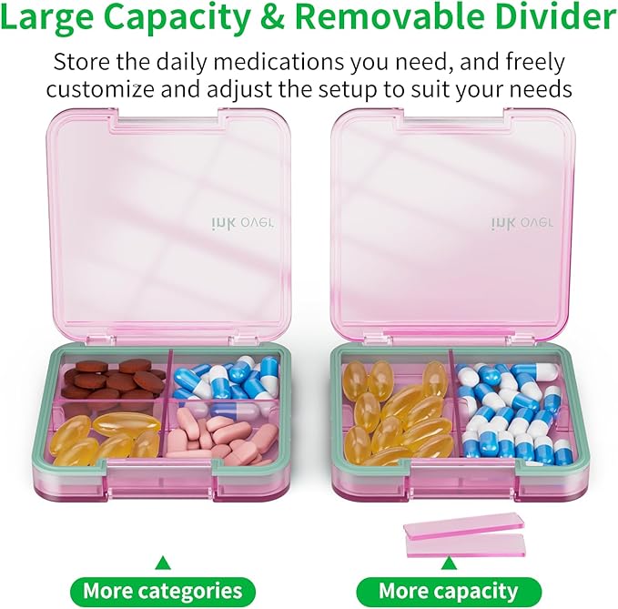 Small Pill Box, Travel Pill Organizer, Small Pill Case, Pill Container for Purse 4 Compartments, Daily Compact Travel Medicine Holder for Vitamins Medication (Pink)