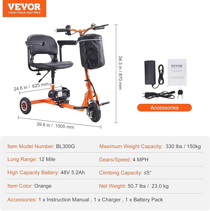 VEVOR 2025 Upgraded Lightweight Mobility Scooter for Adults & Seniors,50lb Foldable, FAA & Cruise Approved with 12 Mile Range & Removable Battery. Supports 330lbs